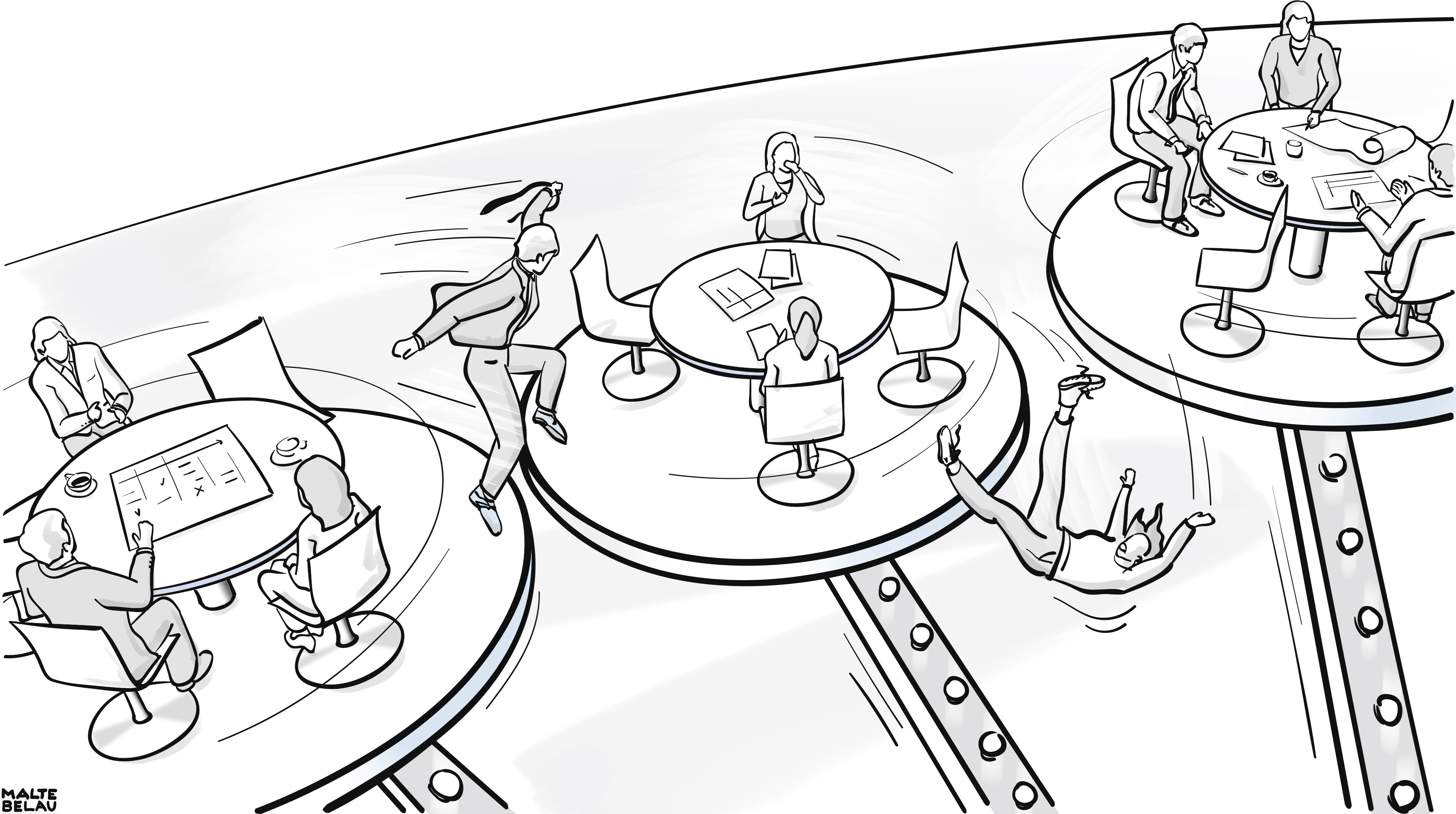 Illustration: mehrere Besprechungstische auf hohen Stahlstützen. Am linken Tisch läuft eine Besprechung, eine Person telefoniert. Eine Figur springt mit Bewegungslinien zum mittleren Tisch, an dem eine Person allein am Laptop sitzt und zwei Stühle leer bleiben. Rechts oben die vollste Besprechung; ein Mann im Anzug mit Krawatte lehnt dort abgewandt zurück, während die anderen über den Plänen arbeiten. Davor stürzt eine Figur kopfüber über die Tischkante, die Kaffeetasse fliegt mit.